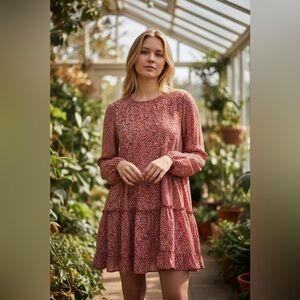 NWOT Temofon Ditsy Floral Burgundy Peasant Lightweight Mini Dress Sz L